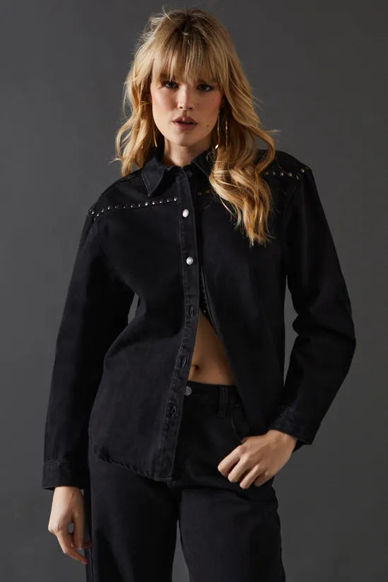 Denim Stud Yoke Oversized Shirt