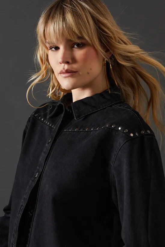 Denim Stud Yoke Oversized Shirt